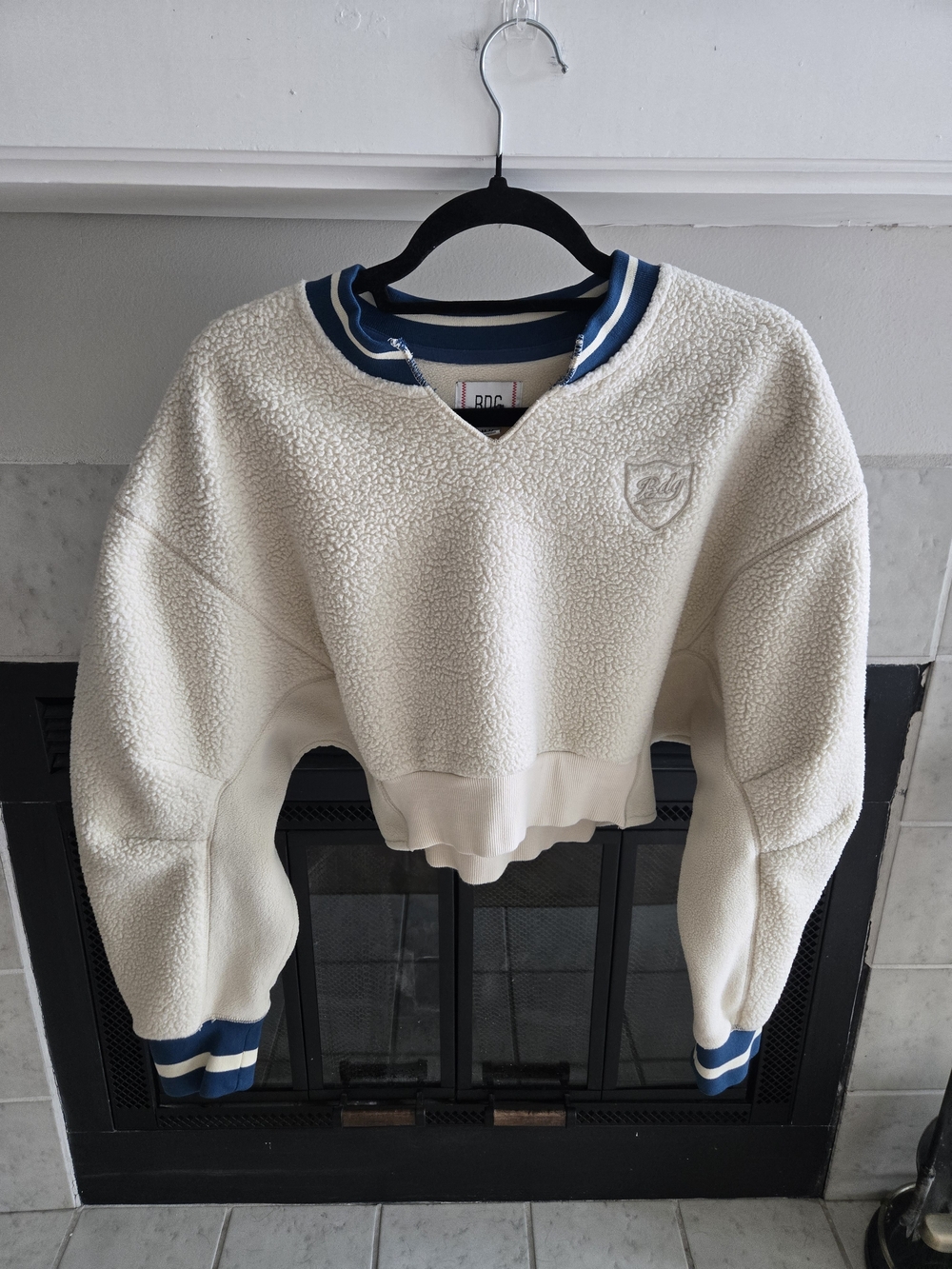 BDG Cream Teddy Pullover with Navy Trim